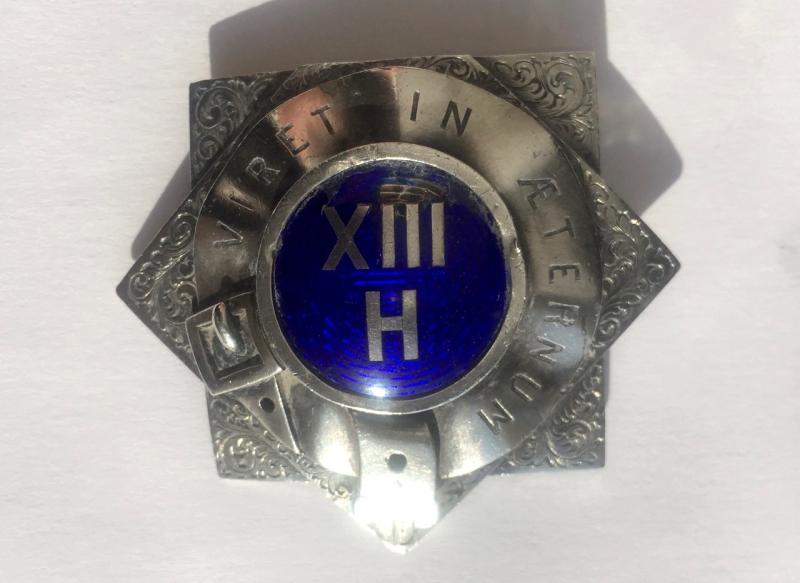 13th Hussars - Large Officer's Brooched Badge. Silvered & Enamel XIII