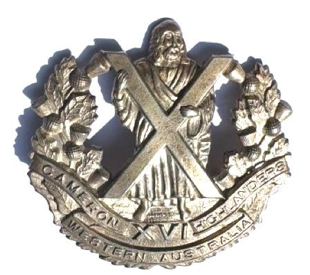 Cameron Highlanders XVI WESTERN AUSTRALIA  original Officers Silver-plated Cap Badge
