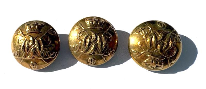 3 x 9th Queen's Royal Lancers gilded metal Buttons