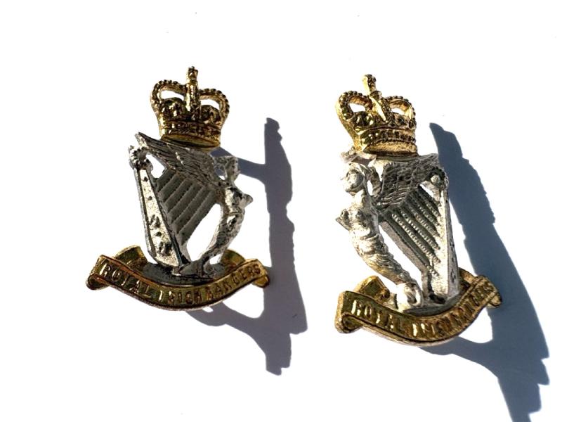 A good Pair of Silver & Gilt QR Collar Badges: Royal Irish Rangers